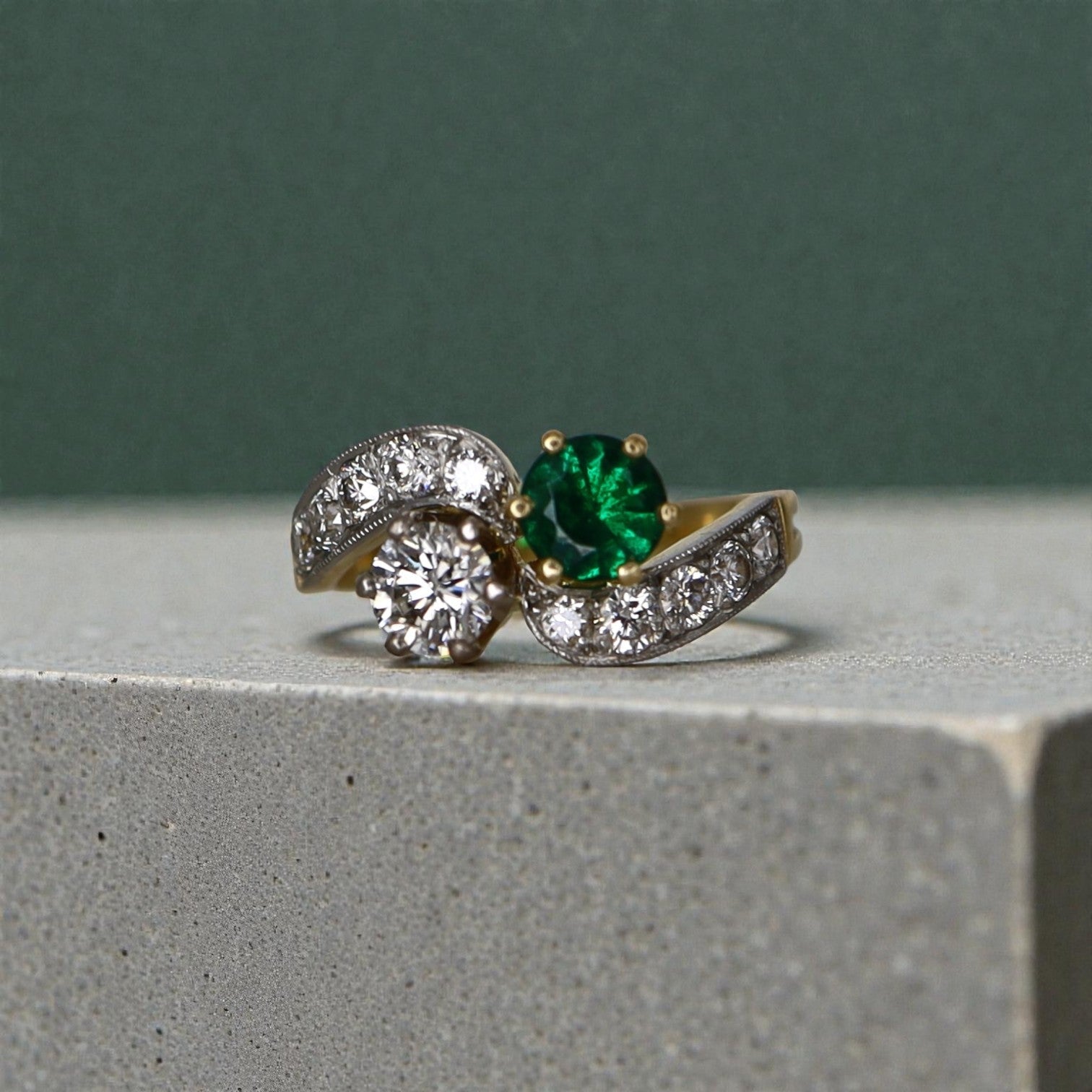 French Emerald Diamond Gold Toi et Moi Engagement Ring in 18k Gold and Platinum - Petra Star