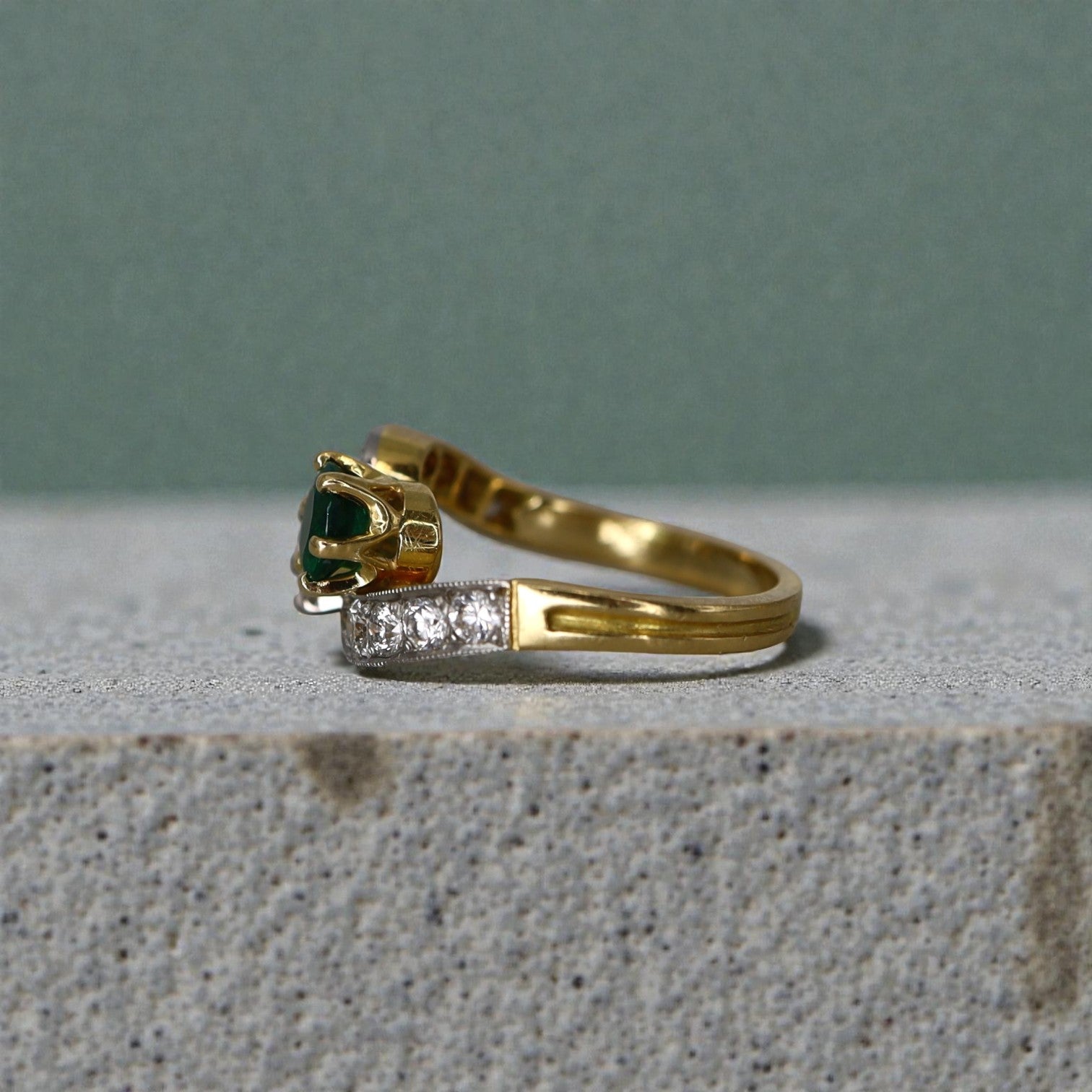 French Emerald Diamond Gold Toi et Moi Engagement Ring in 18k Gold and Platinum - Petra Star