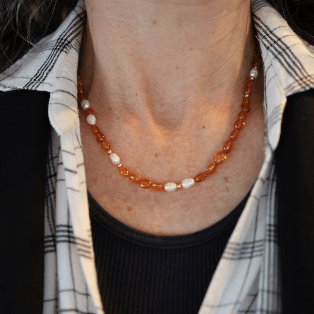 Freshwater Pearl & Spessartite Garnet Necklace with 14k Gold Beads - Petra Star