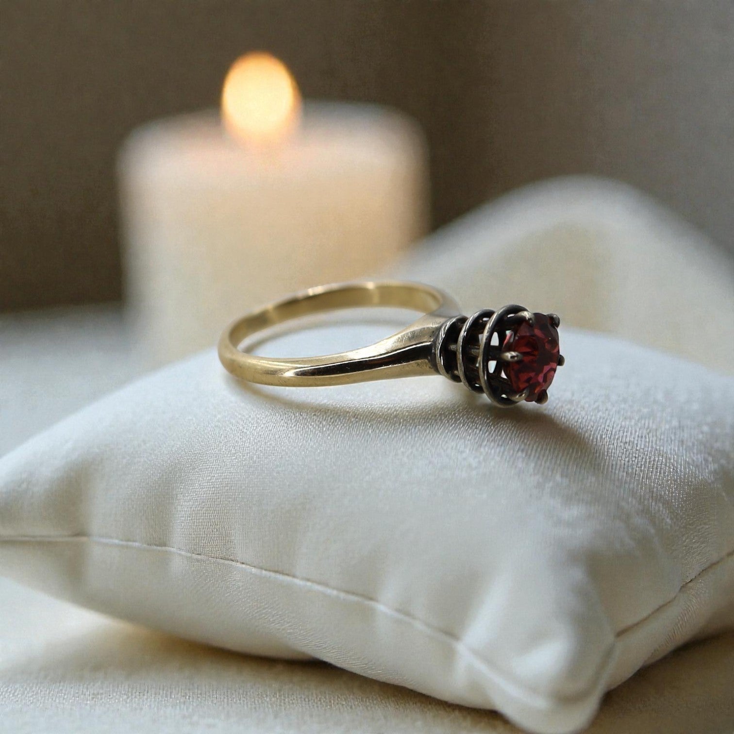 Garnet Spiral Solitaire Ring in 14k Yellow Gold & Silver / Space Age Ring / World's Fair Ring - Petra Star