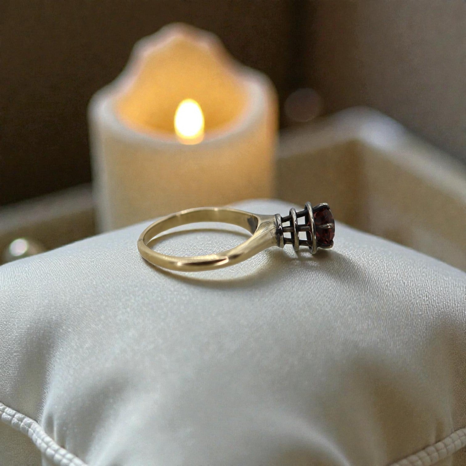 Garnet Spiral Solitaire Ring in 14k Yellow Gold & Silver / Space Age Ring / World's Fair Ring - Petra Star