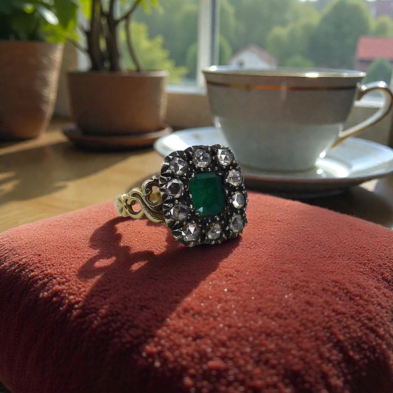 Georgian Emerald and Rose Cut Diamond Halo Ring, c.1820 | 14k Gold & Silver Closed Back - Petra Star