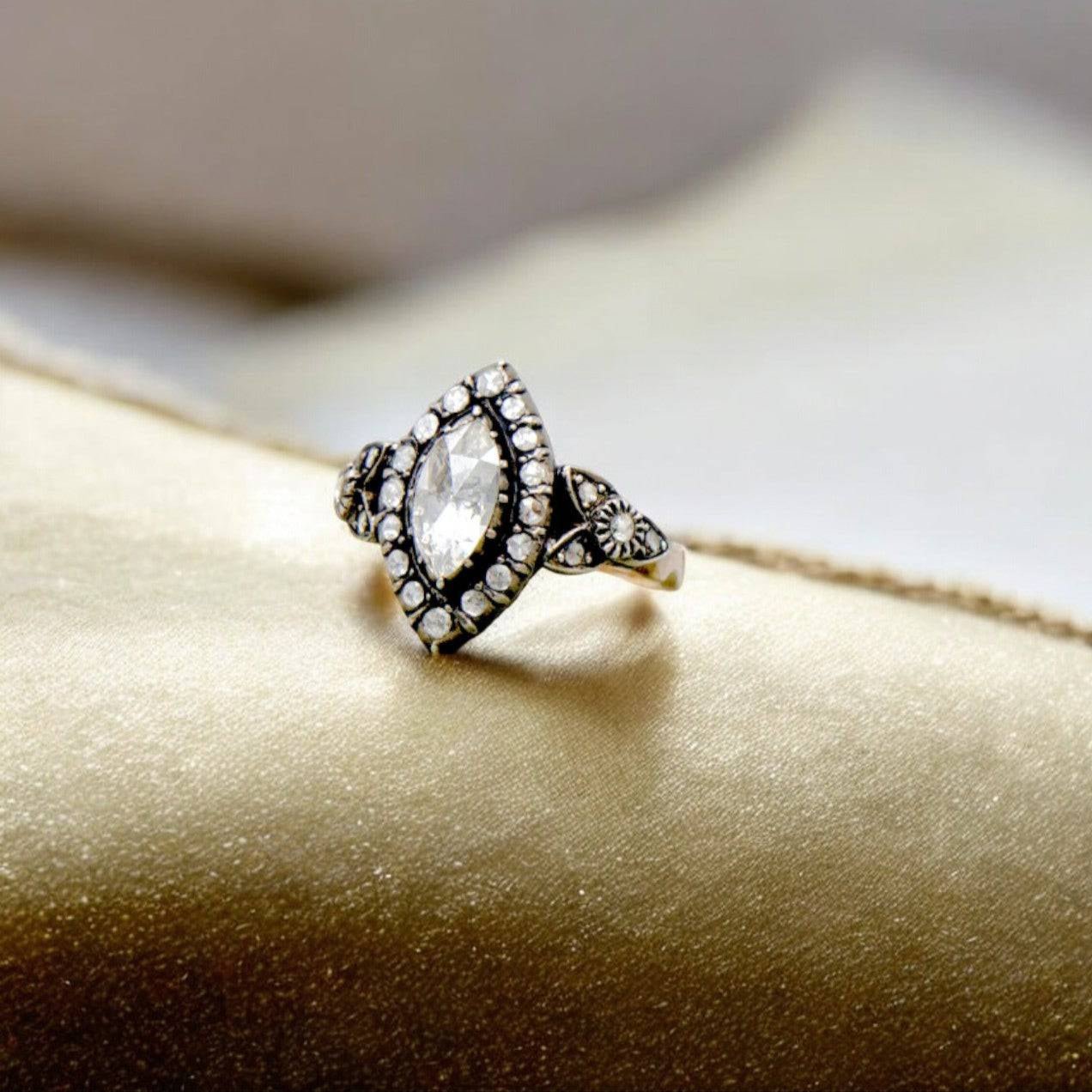 Georgian-Style Marquise Rose-Cut Diamond Ring in Sterling Silver & 14k Rose Gold - Petra Star