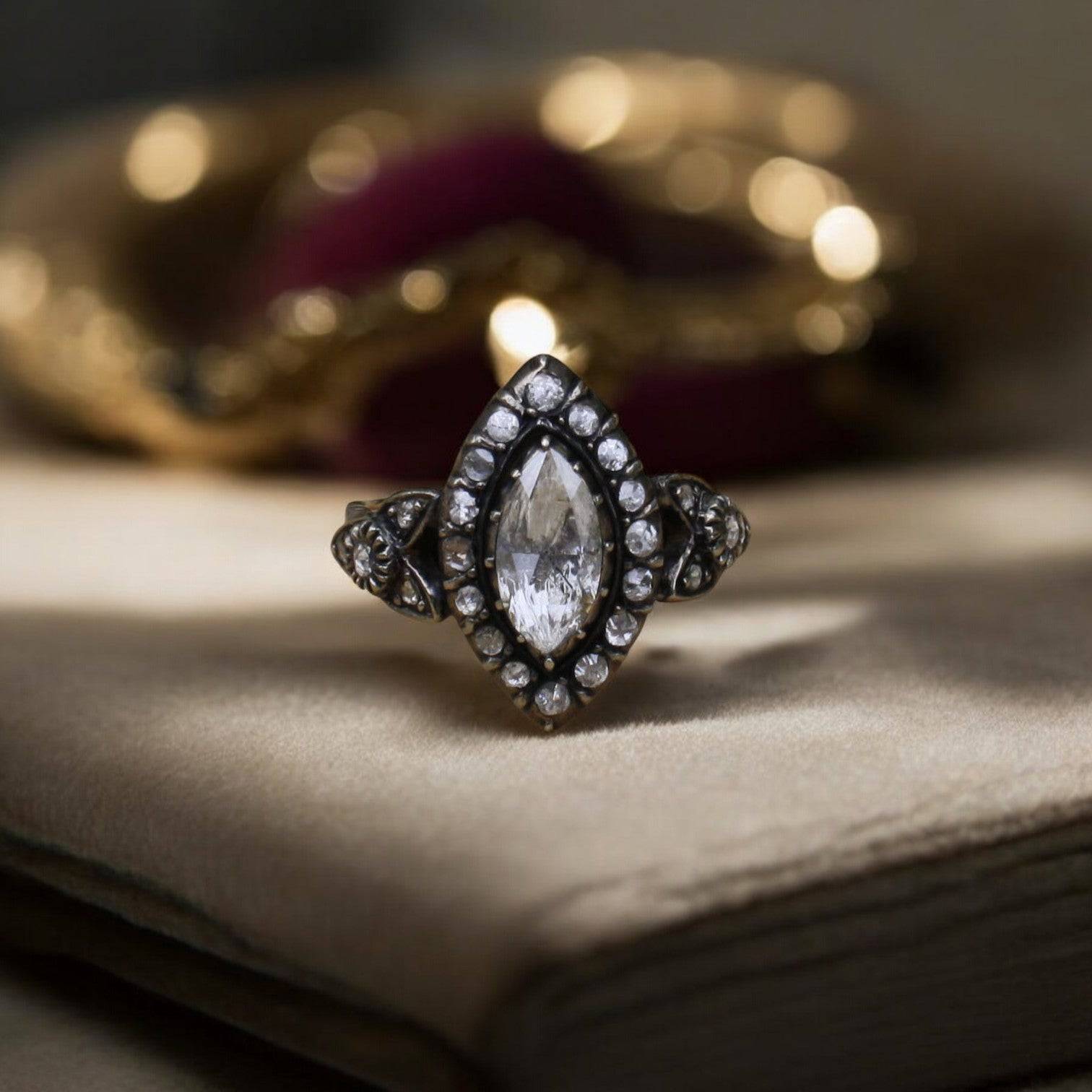 Georgian-Style Marquise Rose-Cut Diamond Ring in Sterling Silver & 14k Rose Gold - Petra Star