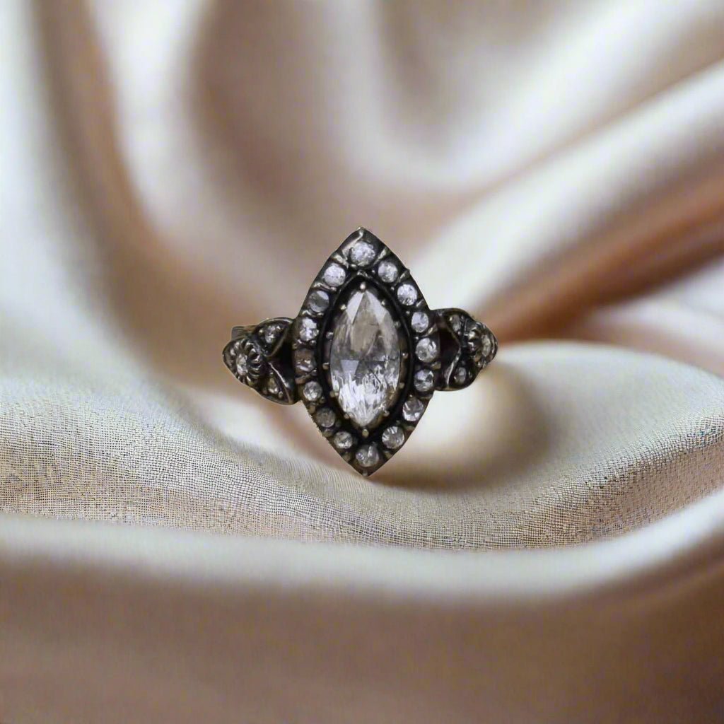 Georgian-Style Marquise Rose-Cut Diamond Ring in Sterling Silver & 14k Rose Gold - Petra Star