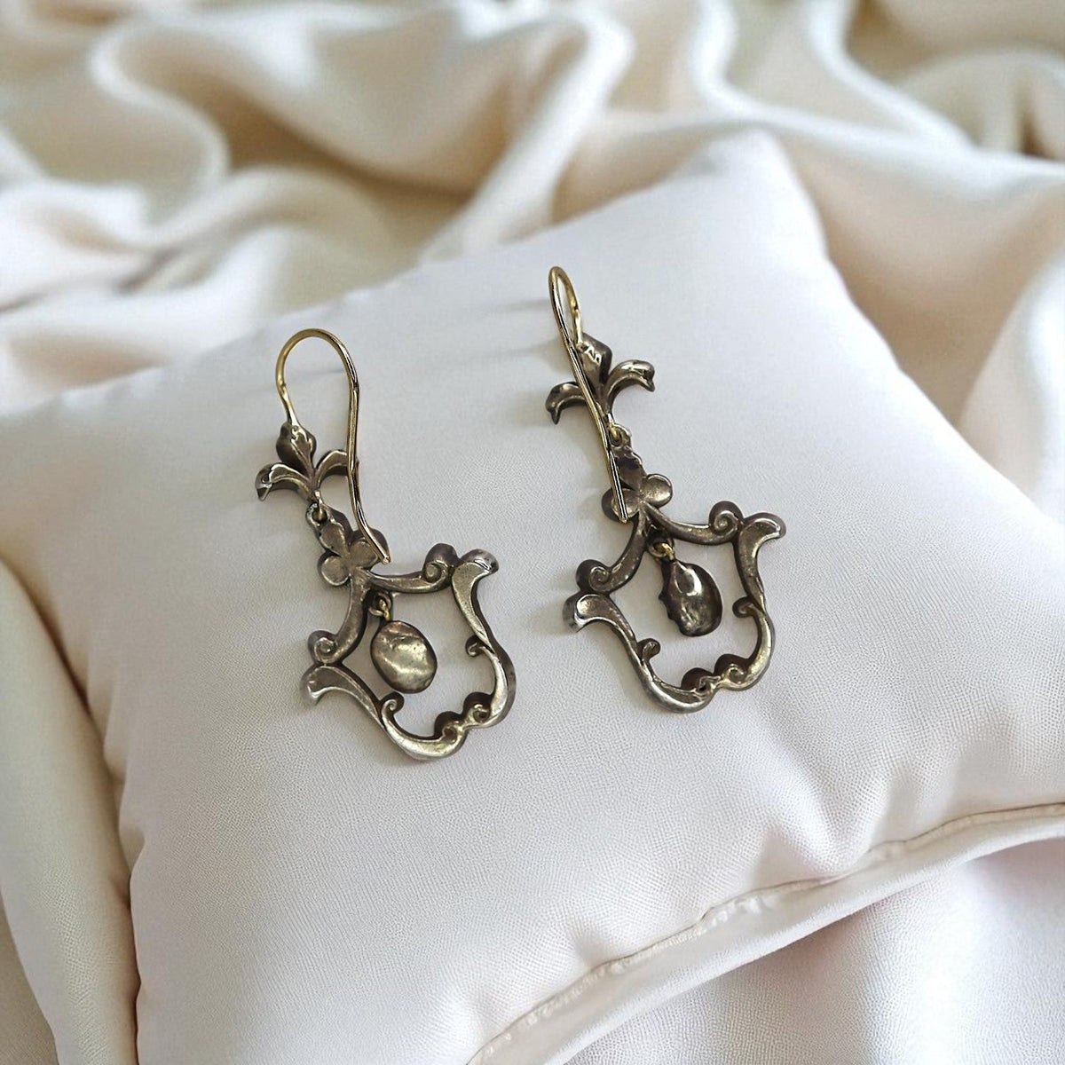 Georgian-Style Rose Cut Diamond Drop Earrings 14k & Silver - Petra StarEarrings