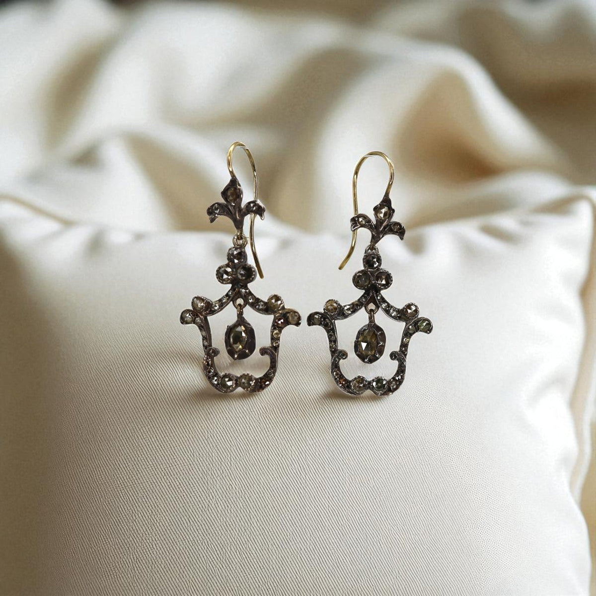 Georgian-Style Rose Cut Diamond Drop Earrings 14k & Silver - Petra StarEarrings