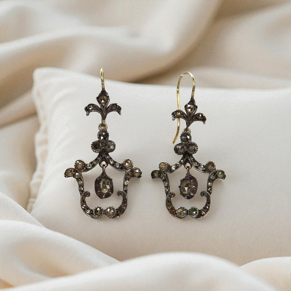 Georgian-Style Rose Cut Diamond Drop Earrings 14k & Silver - Petra StarEarrings