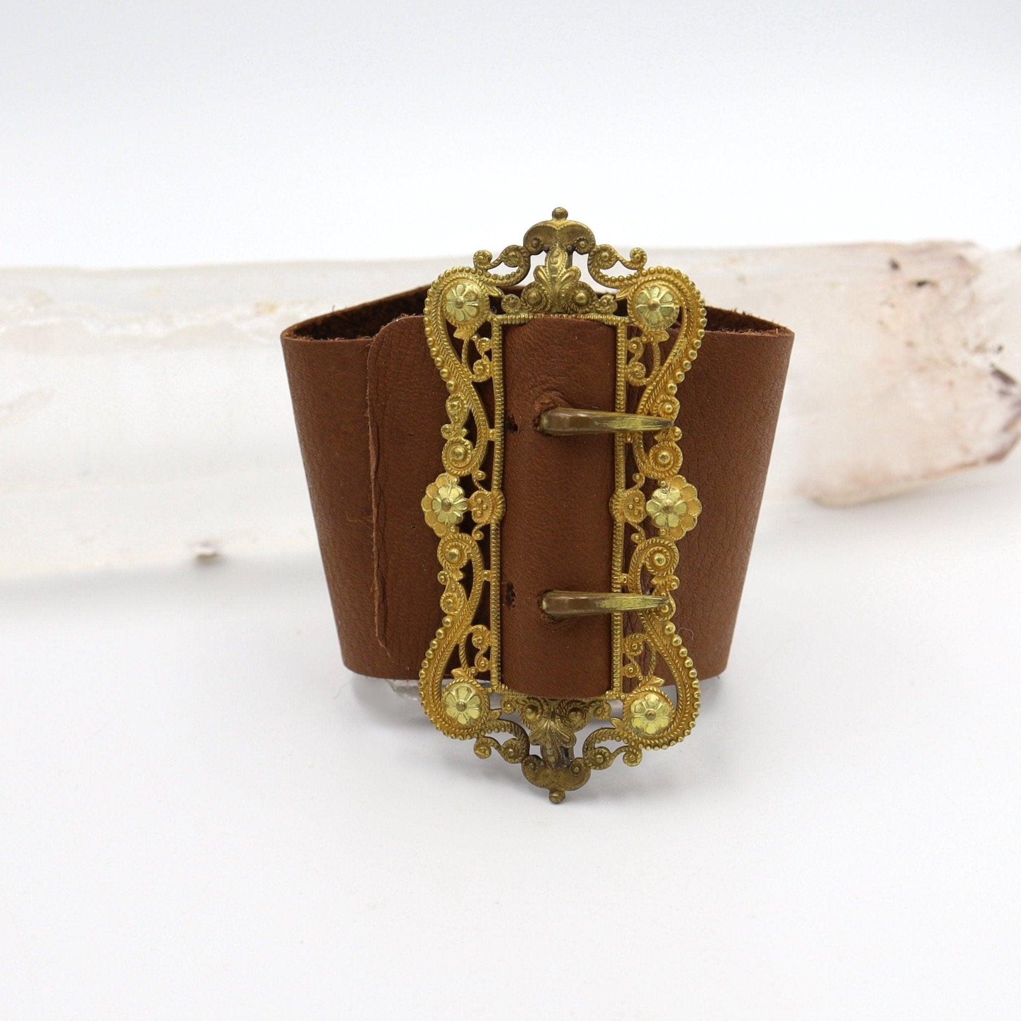 Gold-Plated Victorian Buckle Bracelet with Leather Cuff - Petra Star