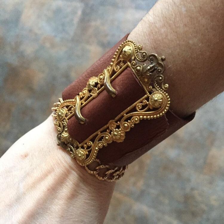Gold-Plated Victorian Buckle Bracelet with Leather Cuff - Petra Star