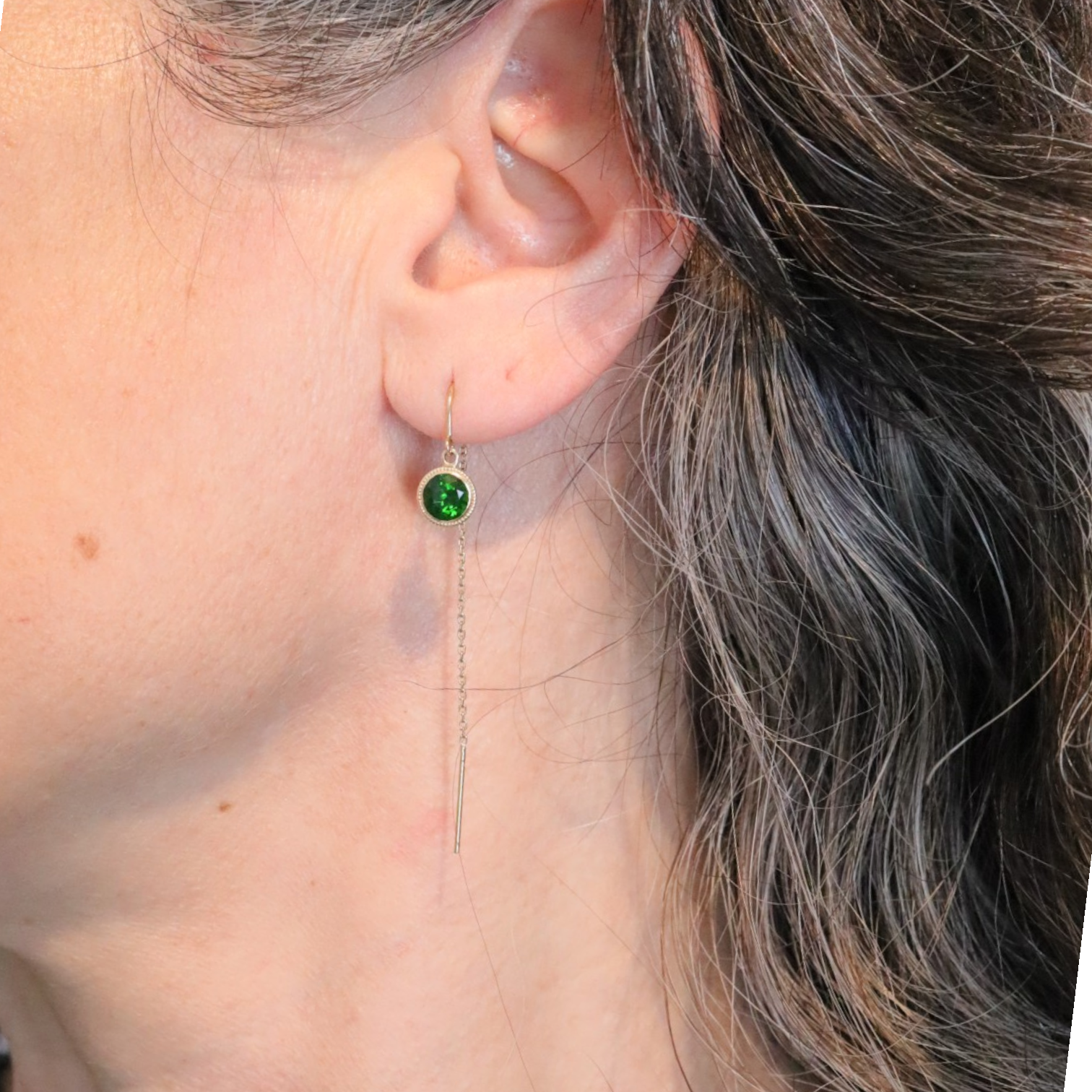 Chrome Diopside Drop Earrings | 14K Yellow Gold Milgrain Threaders | 1.65 ctw - Petra Star