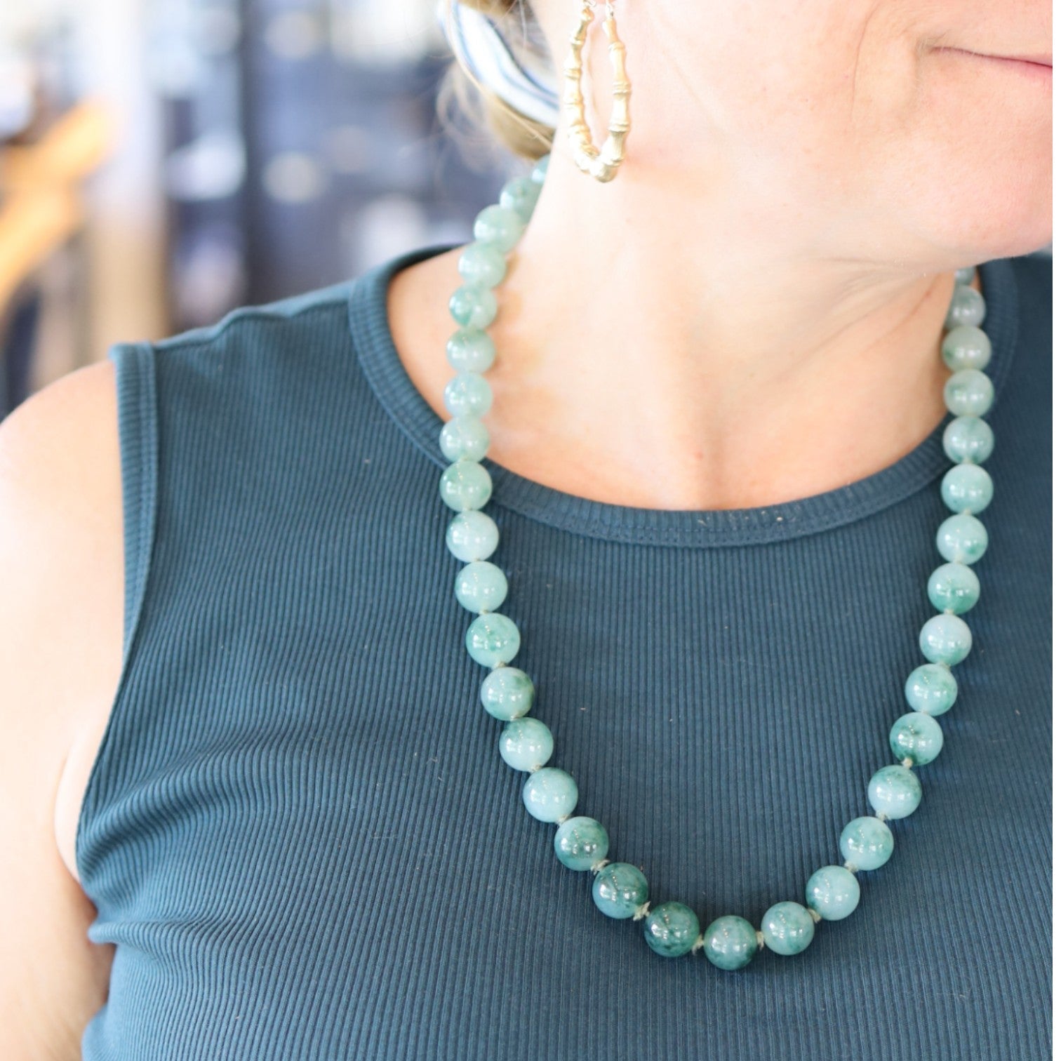 Gump’s of San Francisco 1960s Jade Bead Necklace in 14k Gold – 24", 13mm Beads - Petra Star