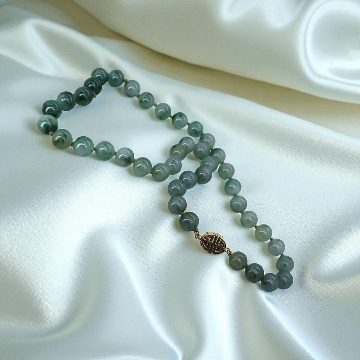 Gump’s of San Francisco 1960s Jade Bead Necklace in 14k Gold – 24", 13mm Beads - Petra Star