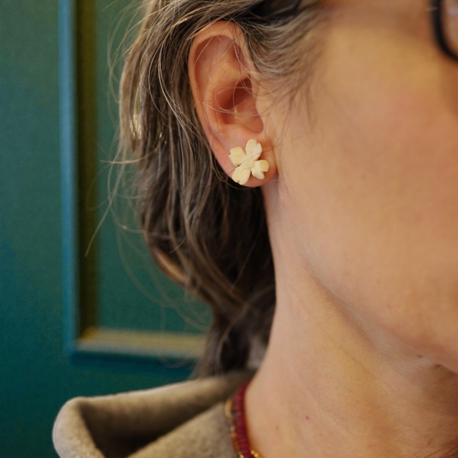 Hand-Carved Antique Edelweiss Celluloid Flower Stud Earrings on Gold-Filled - Petra Star
