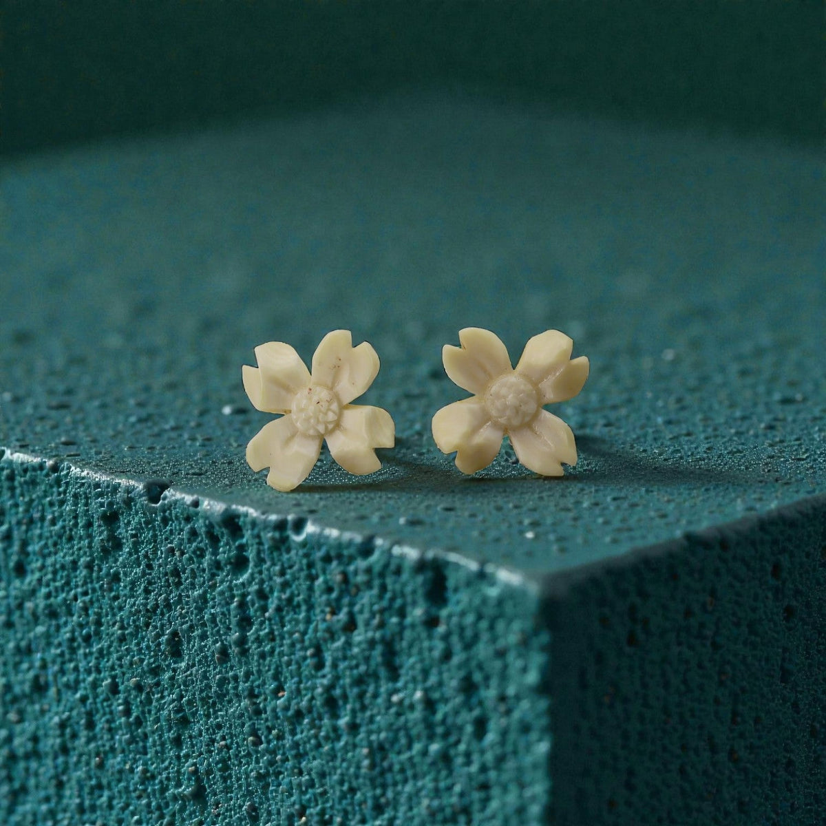 Hand-Carved Antique Edelweiss Celluloid Flower Stud Earrings on Gold-Filled - Petra Star