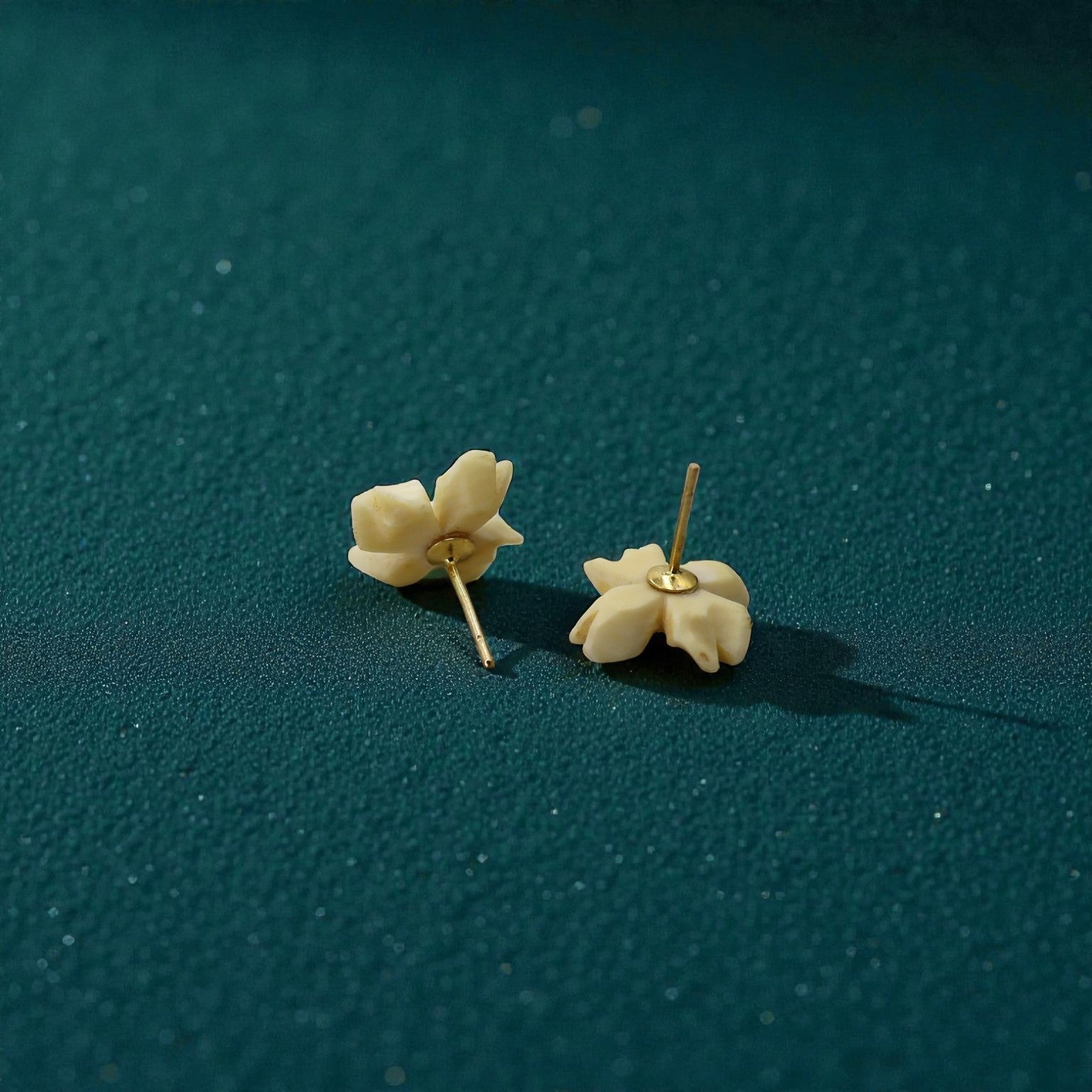 Hand-Carved Antique Edelweiss Celluloid Flower Stud Earrings on Gold-Filled - Petra Star