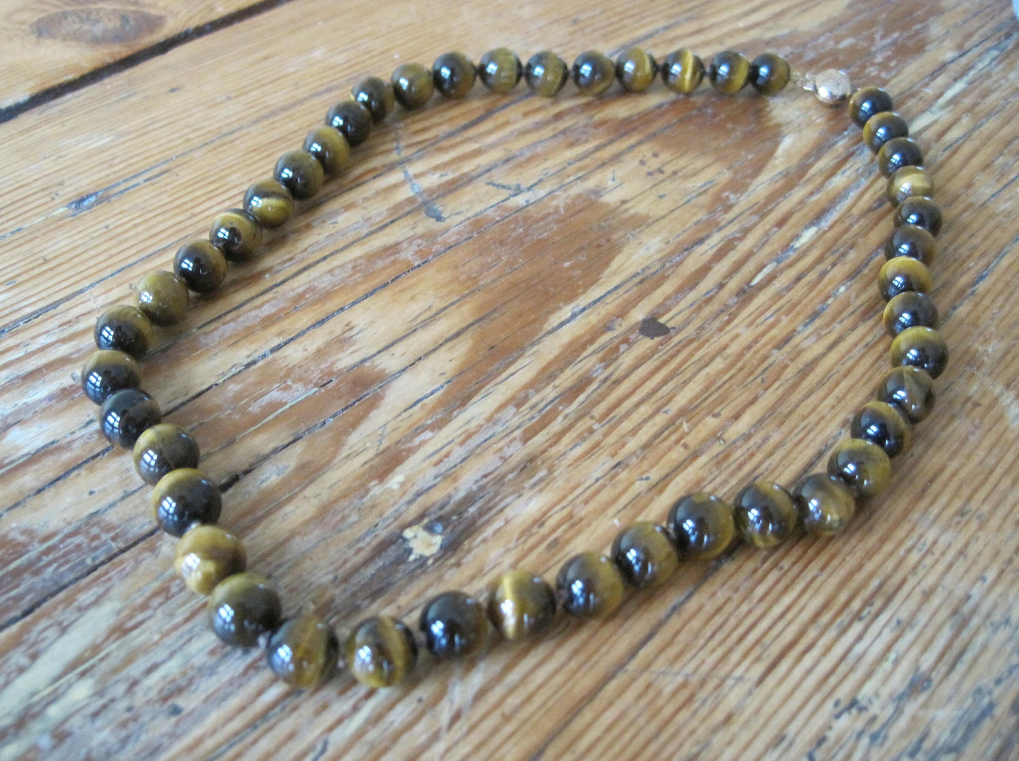 Vintage Tigers Eye 9MM Bead Necklace 17.5" Gold Filled Clasp - JL1038