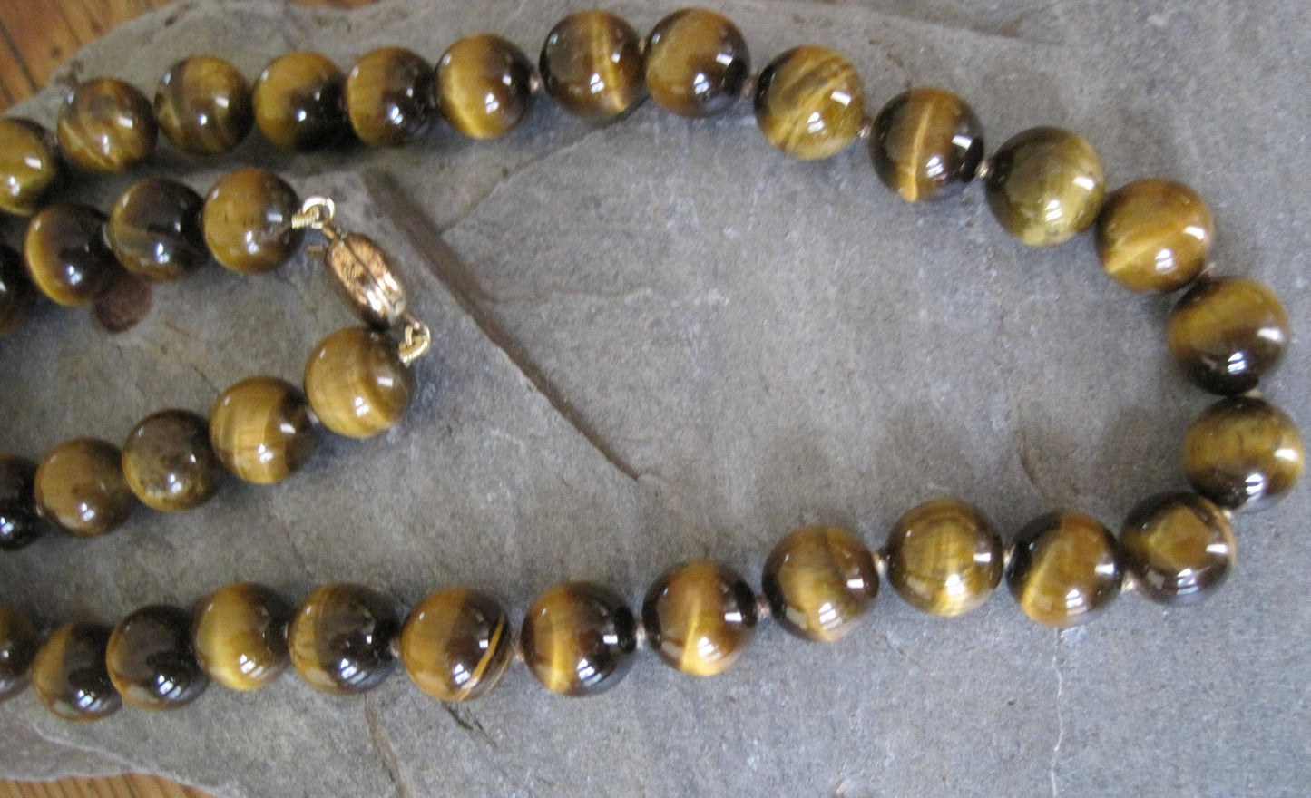 Vintage Tigers Eye 9MM Bead Necklace 17.5" Gold Filled Clasp - JL1038