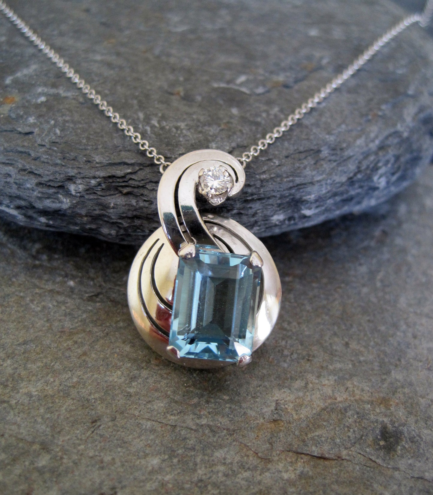 Asymmetrical Retro Aquamarine and Diamond Pendant in 14k White Gold - JL384