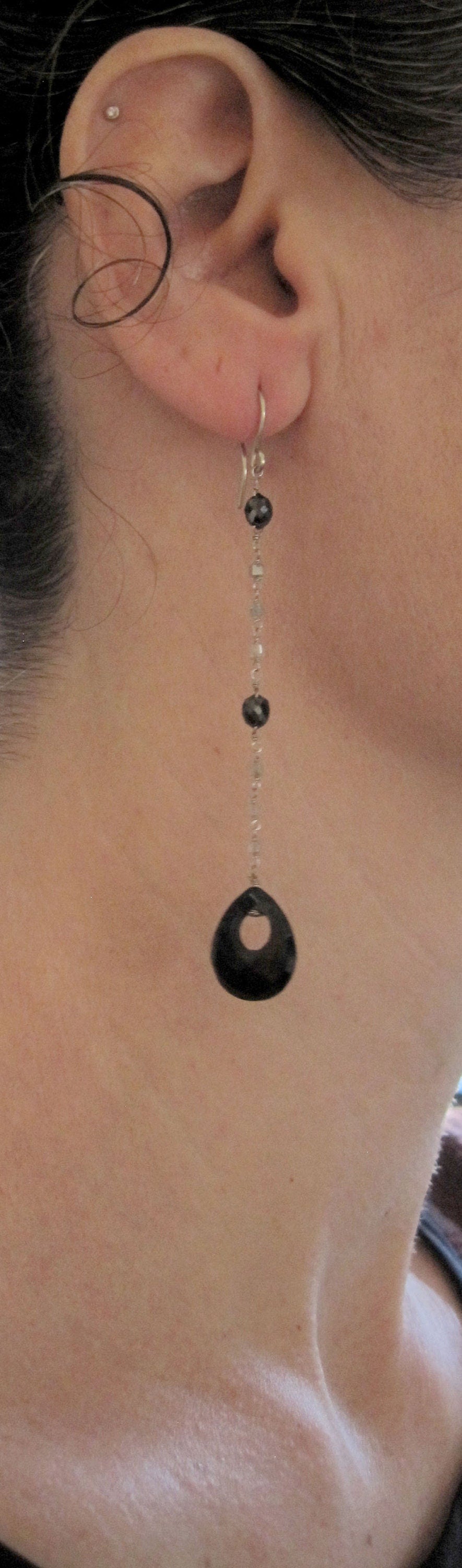 Black and White Diamond Earrings with Onyx in 14k White Gold Station Earrings - Petra Star