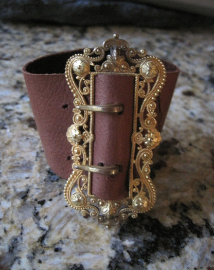 Victorian Buckle Bracelet Gold Plated Large Buckle Bracelet Leather Cuff Bracelet - JL542