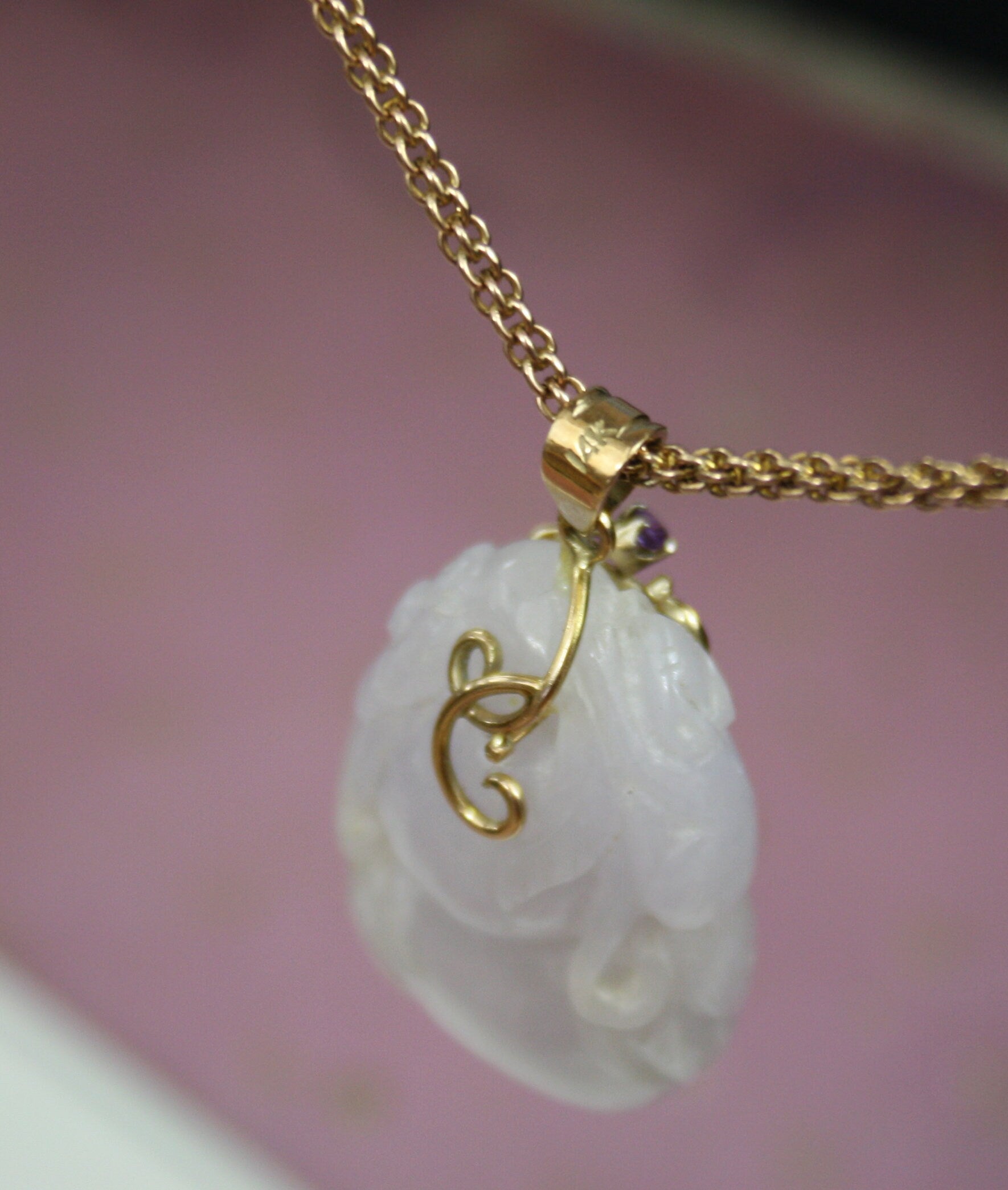 Carved Lavender Jade Pendant with Gourd and Flower /  14k Yellow Gold Amethyst Bail - TH143 - Petra Star