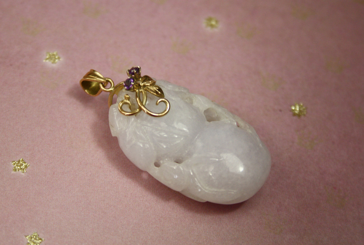 Carved Lavender Jade Pendant with Gourd and Flower /  14k Yellow Gold Amethyst Bail - TH143