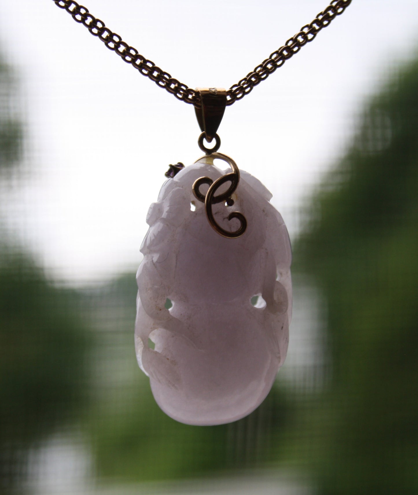 Carved Lavender Jade Pendant with Gourd and Flower /  14k Yellow Gold Amethyst Bail - TH143