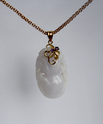 Carved Lavender Jade Pendant with Gourd and Flower /  14k Yellow Gold Amethyst Bail - TH143