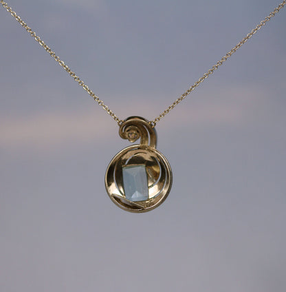 Asymmetrical Retro Aquamarine and Diamond Pendant in 14k White Gold - JL384