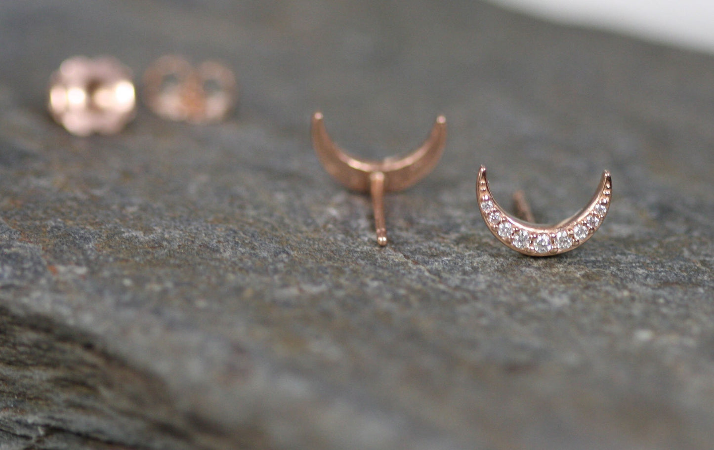 Art Deco Style Crescent Moon Diamond Stud Earrings in 14k Rose Gold Rose Gold Diamond Earrings - JL1326