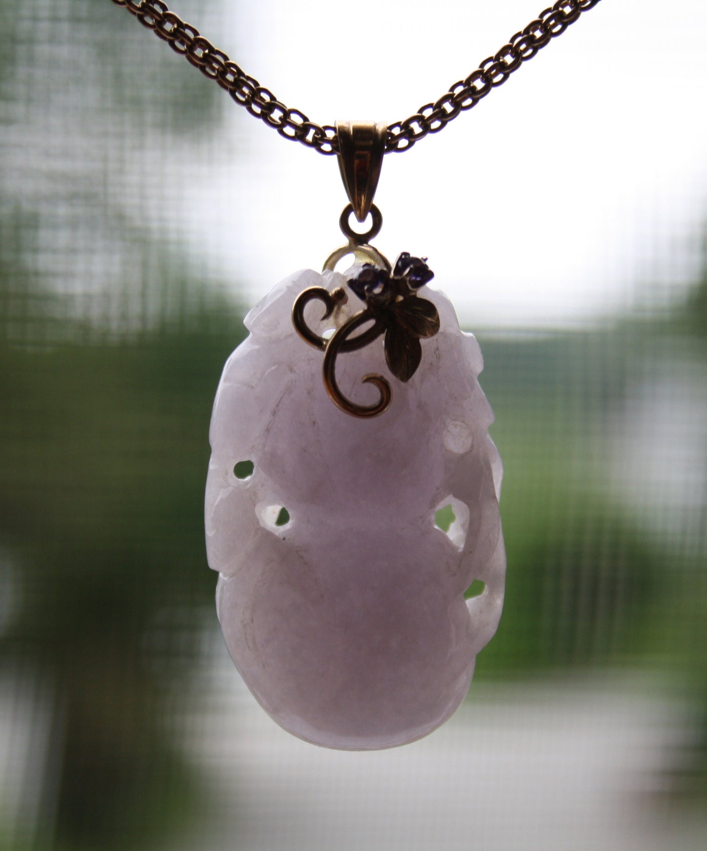 Carved Lavender Jade Pendant with Gourd and Flower /  14k Yellow Gold Amethyst Bail - TH143