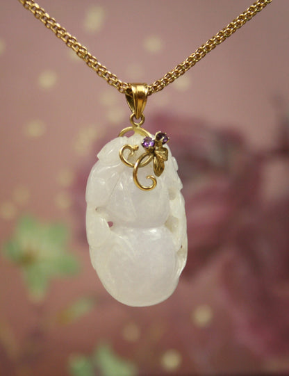 Carved Lavender Jade Pendant with Gourd and Flower /  14k Yellow Gold Amethyst Bail - TH143