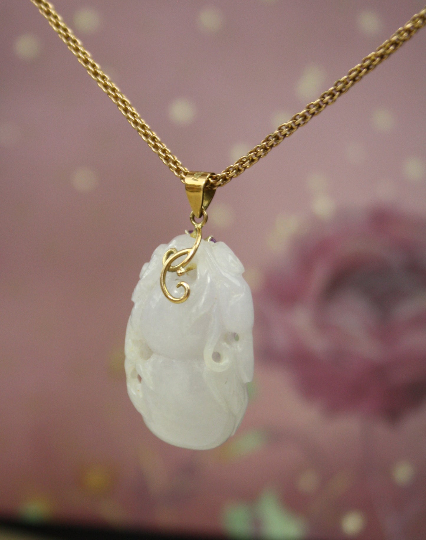 Carved Lavender Jade Pendant with Gourd and Flower /  14k Yellow Gold Amethyst Bail - TH143