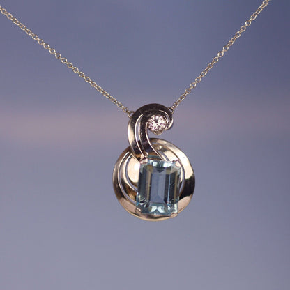 Asymmetrical Retro Aquamarine and Diamond Pendant in 14k White Gold - JL384