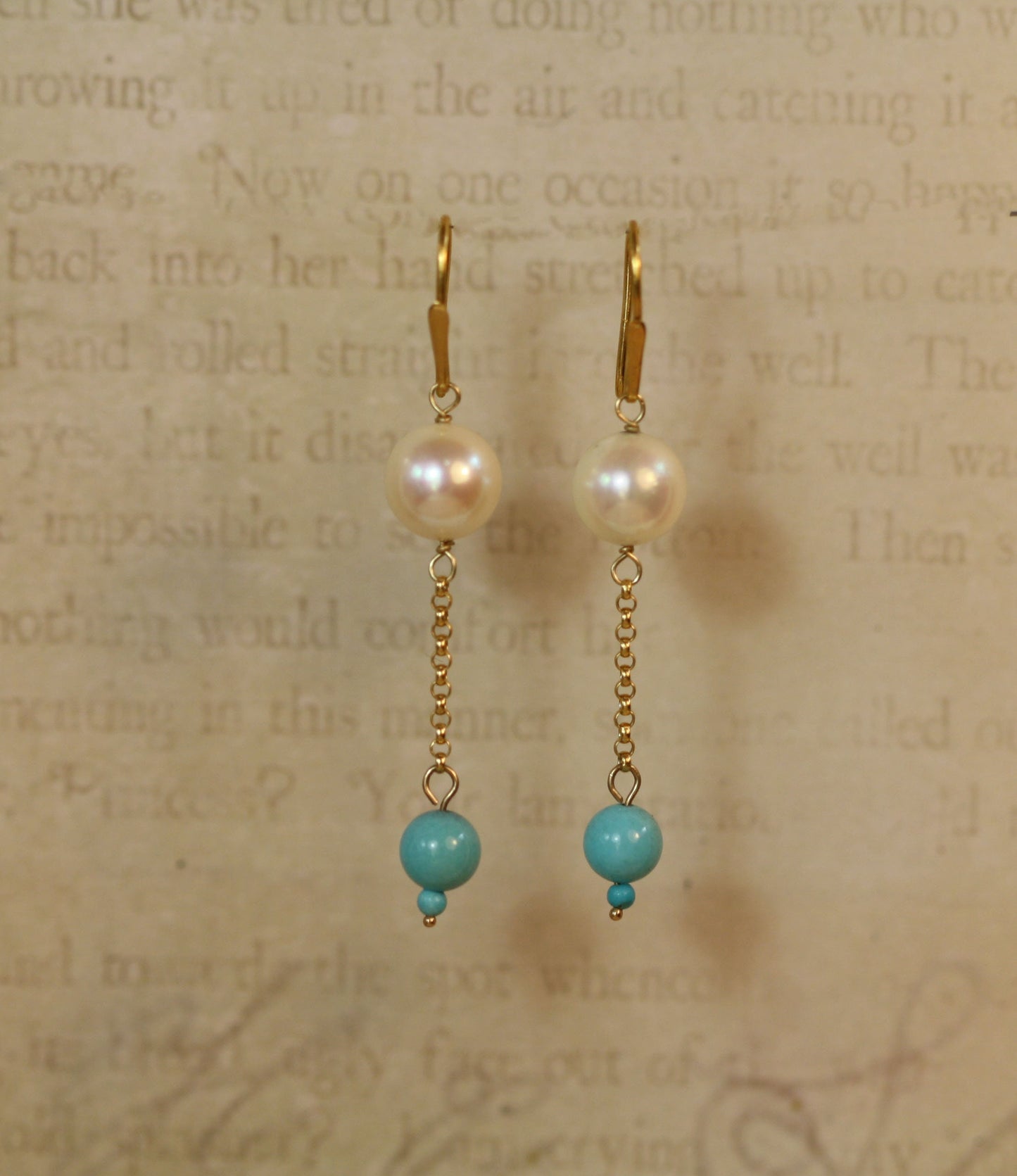 Elegant Pearl and Turquoise Drop Earrings in Deep, Rich 14k Yellow Gold- JL1347