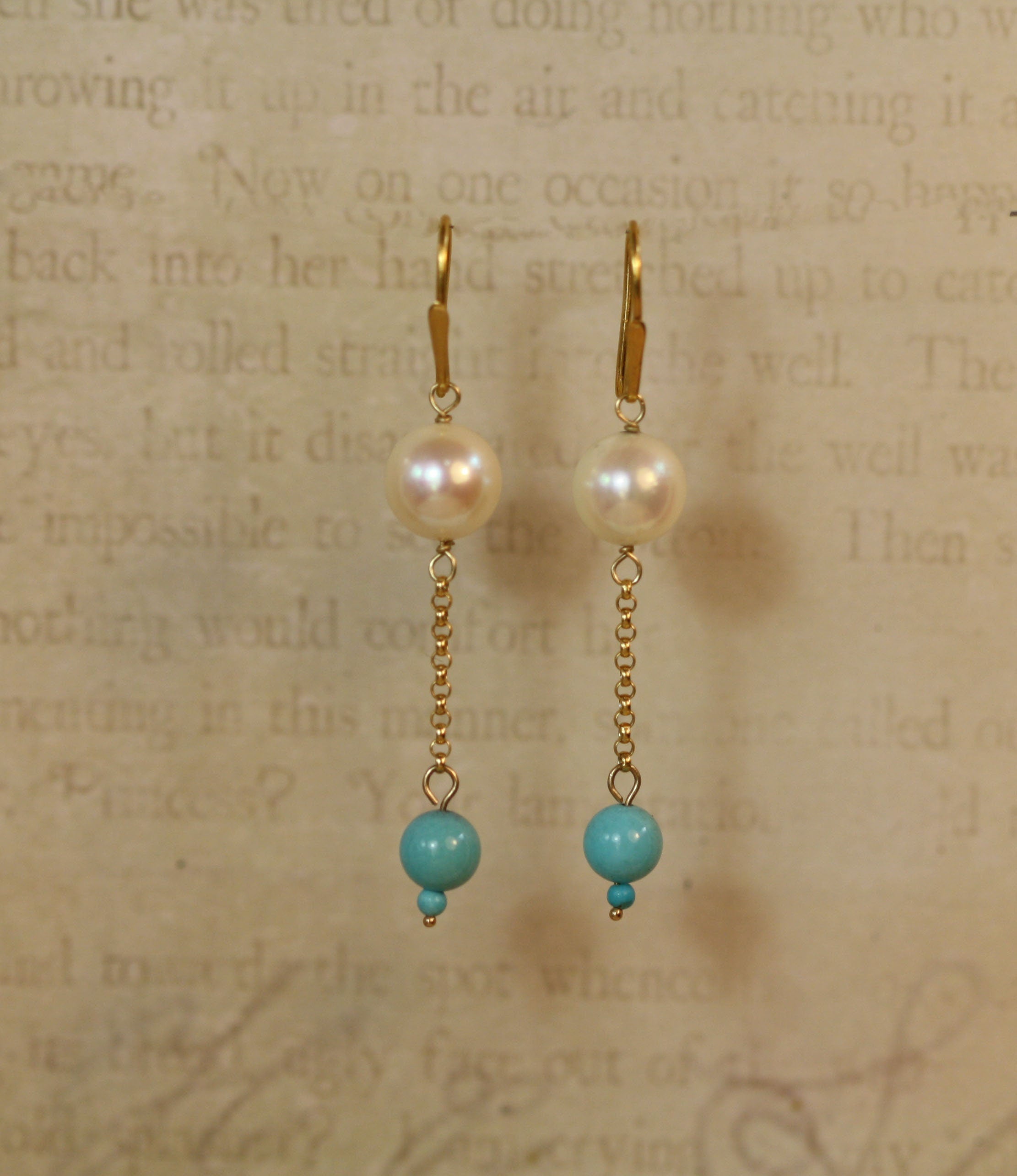 Elegant Pearl and Turquoise Drop Earrings in Deep, Rich 14k Yellow Gold- JL1347 - Petra Star