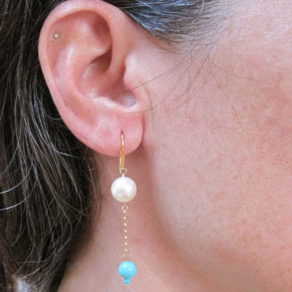 Elegant Pearl and Turquoise Drop Earrings in Deep, Rich 14k Yellow Gold- JL1347