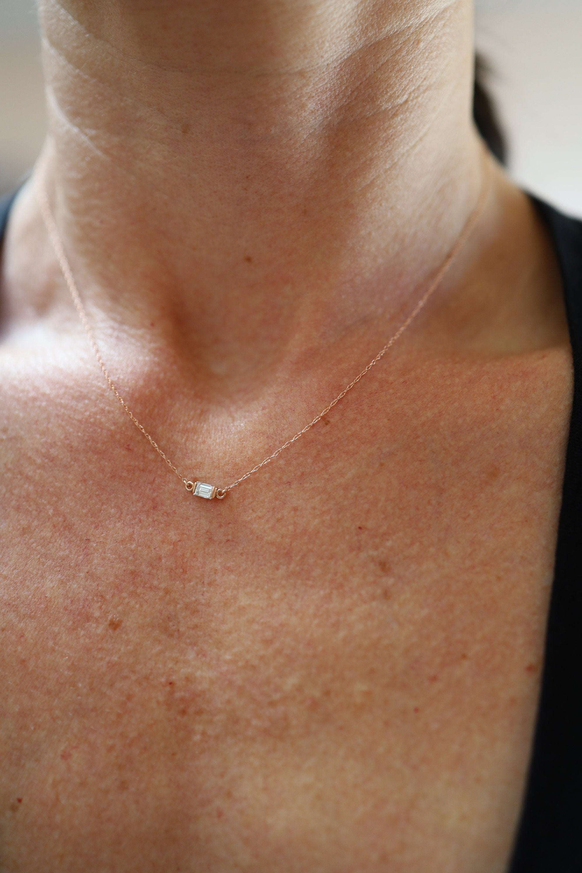Recycled Baguette Diamond Necklace in 14k Rose Gold Minimalist Style - Petra Star