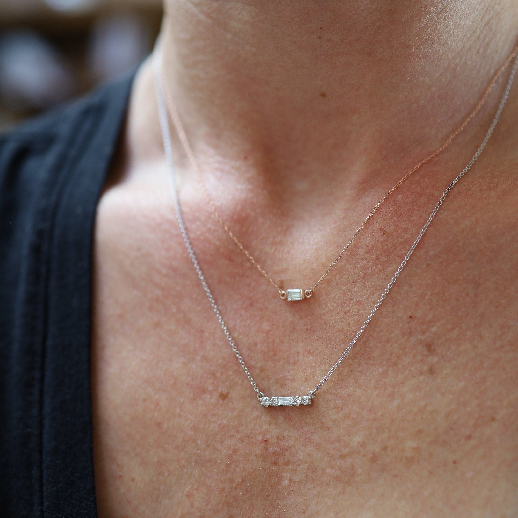 Recycled Baguette Diamond Necklace in 14k Rose Gold Minimalist Style - Petra Star