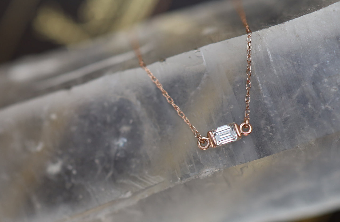 Recycled Baguette Diamond Necklace in 14k Rose Gold Minimalist Style - JL1378