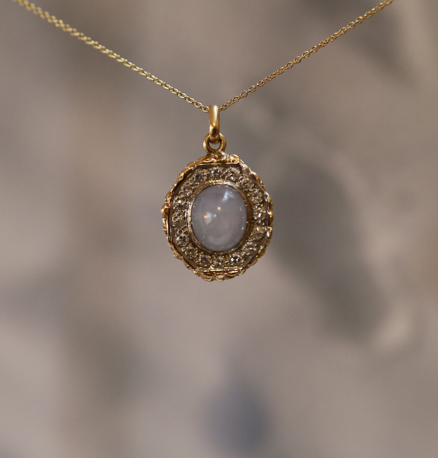 Cabochon Sapphire Diamond Halo Pendant in 14k Gold - DK329