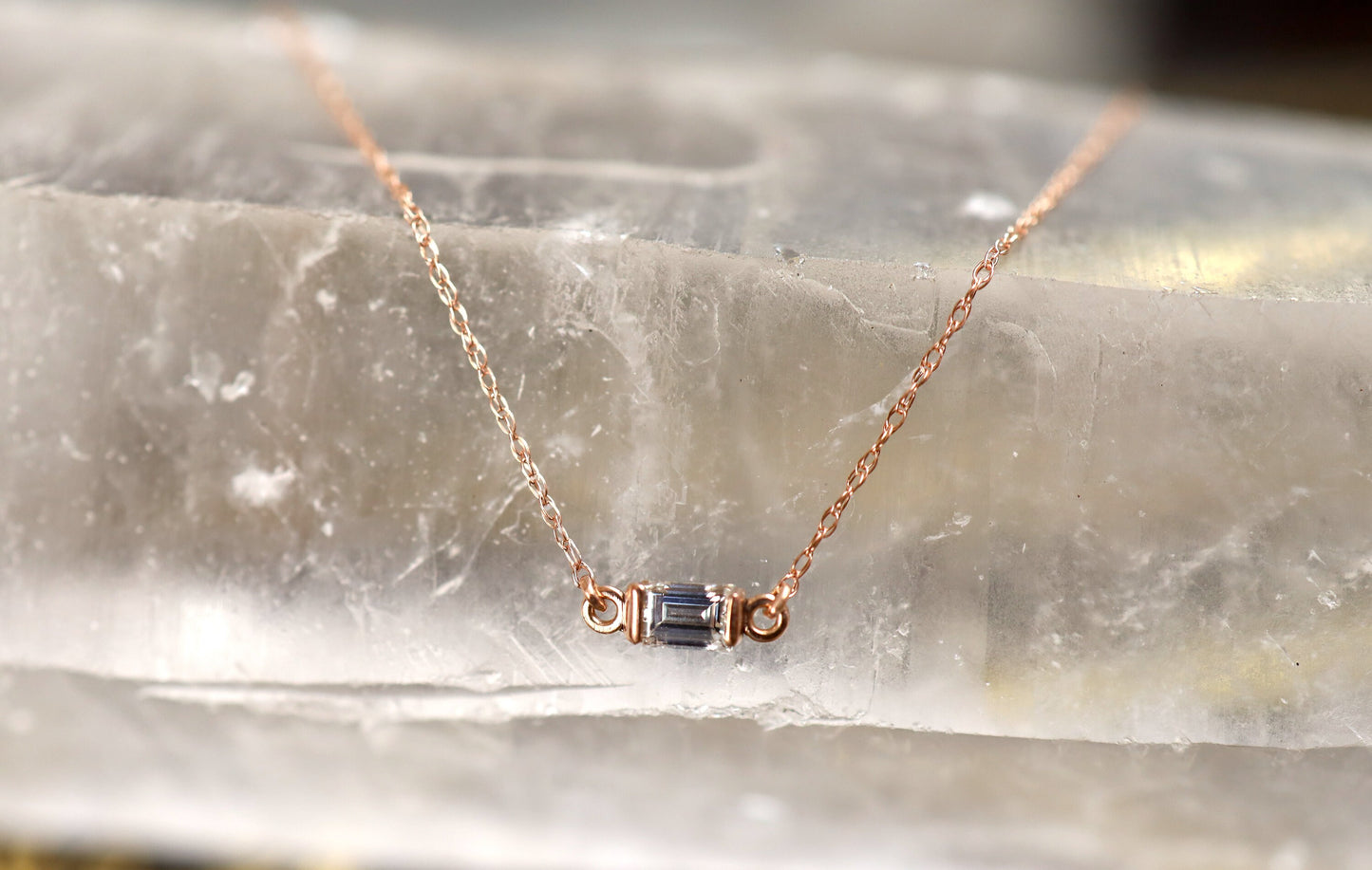 Recycled Baguette Diamond Necklace in 14k Rose Gold Minimalist Style - JL1378