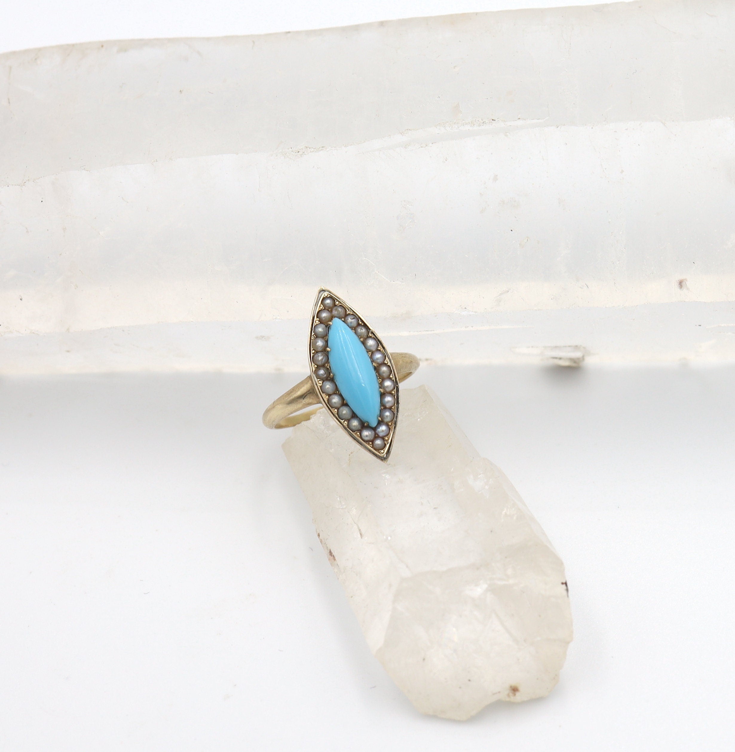 Victorian turquoise and pearl navette ring with intricate gold setting, vintage style jewelry from The Vintage Vault