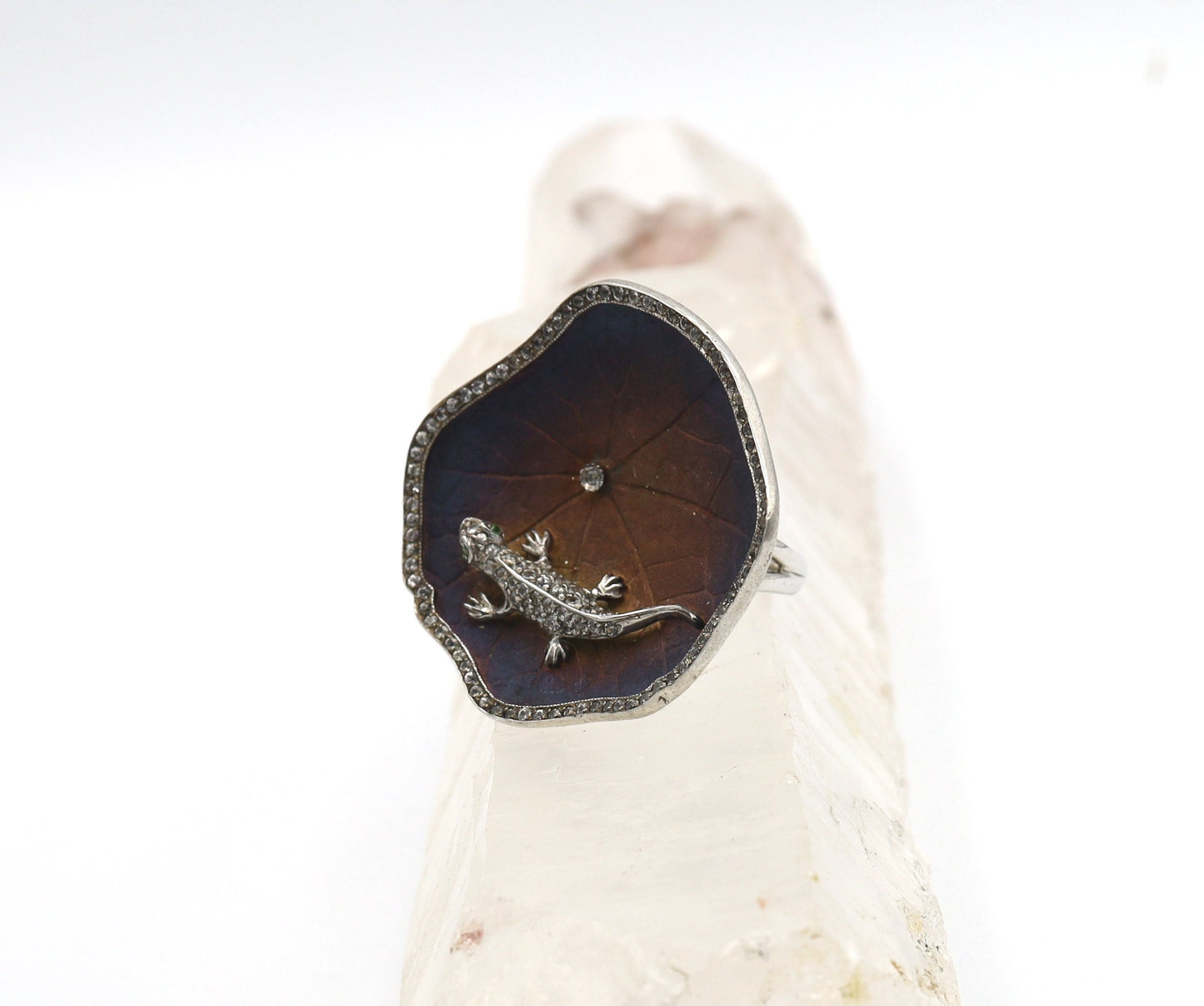 Blackened Oxidized Silver Lizard Ring on Petal with White Sapphire Micropave Edge -  XS711R-LL