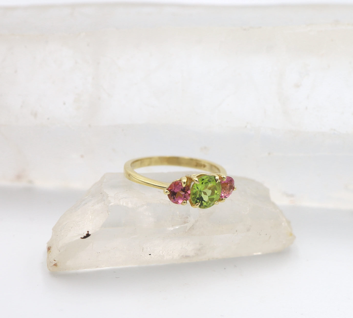 Vibrant Pastel Colors Classic Three Stone Engagement Ring with Peridot and Pink Tourmaline - BB1006C