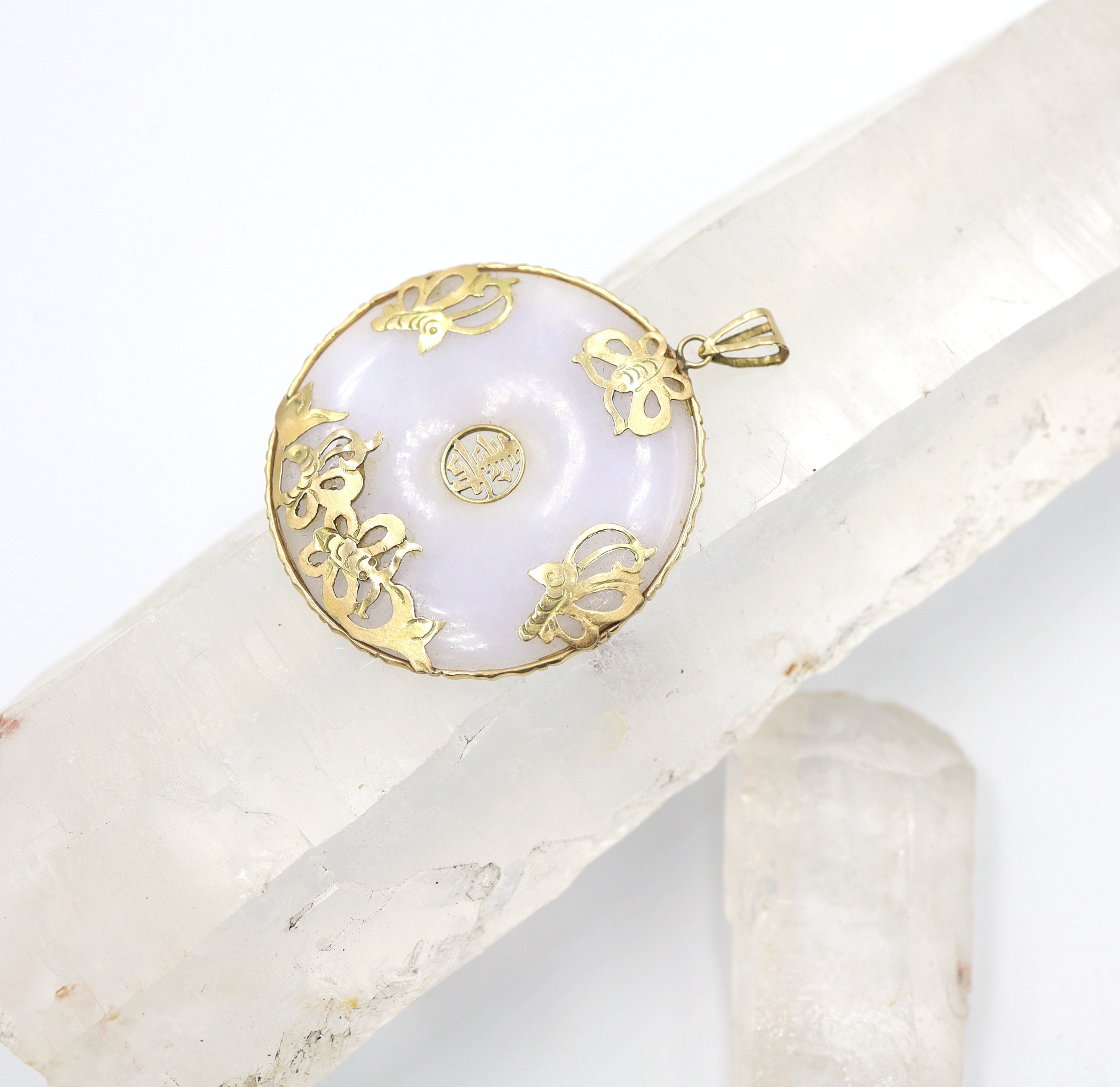 Lavender jade Pi pendant with gold Shou symbol and butterfly design in 14k yellow gold, jewelry by The Vintage Vault