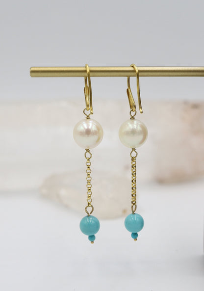 Elegant Pearl and Turquoise Drop Earrings in Deep, Rich 14k Yellow Gold- JL1347