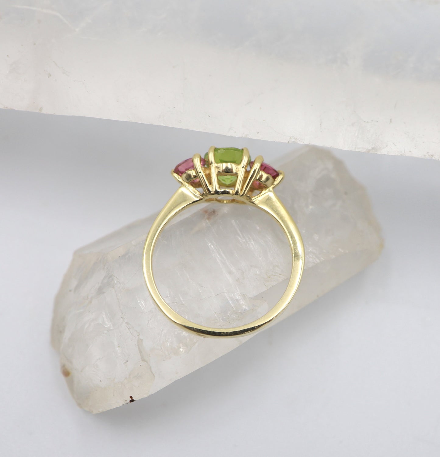 Vibrant Pastel Colors Classic Three Stone Engagement Ring with Peridot and Pink Tourmaline - BB1006C