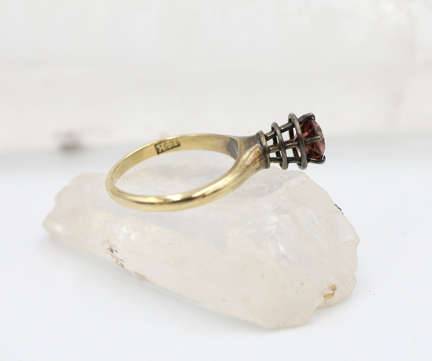 Garnet Spiral Solitaire Ring in 14k Yellow Gold & Silver / Space Age Ring / World's Fair Ring -DK317